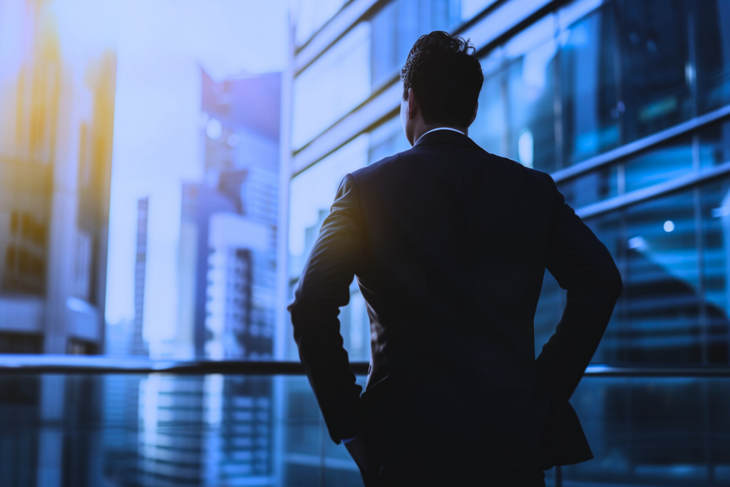 Silhouette of a man in a suit with hands in pockets, standing with his back to the camera and gazing at a sunlit cityscape, symbolizing ambition and forward-thinking.