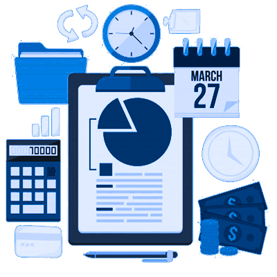 Cartoon illustration featuring a graph, calendar date, clock, money, calculator, credit card, pen, and refresh button, symbolizing financial management and time-saving services.