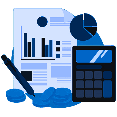 Cartoon illustration featuring a report with a graph, coins, a calculator, and a pie chart, representing financial reporting and analysis services.